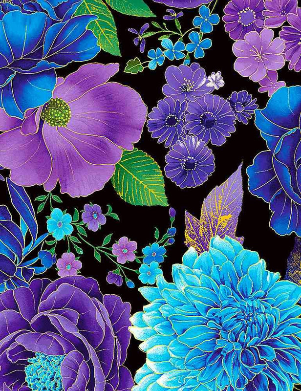 Quilting Cotton Black Utopia Blue Metallic Florals Timeless Treasures