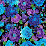 Quilting Cotton Black Utopia Blue Metallic Florals Timeless Treasures