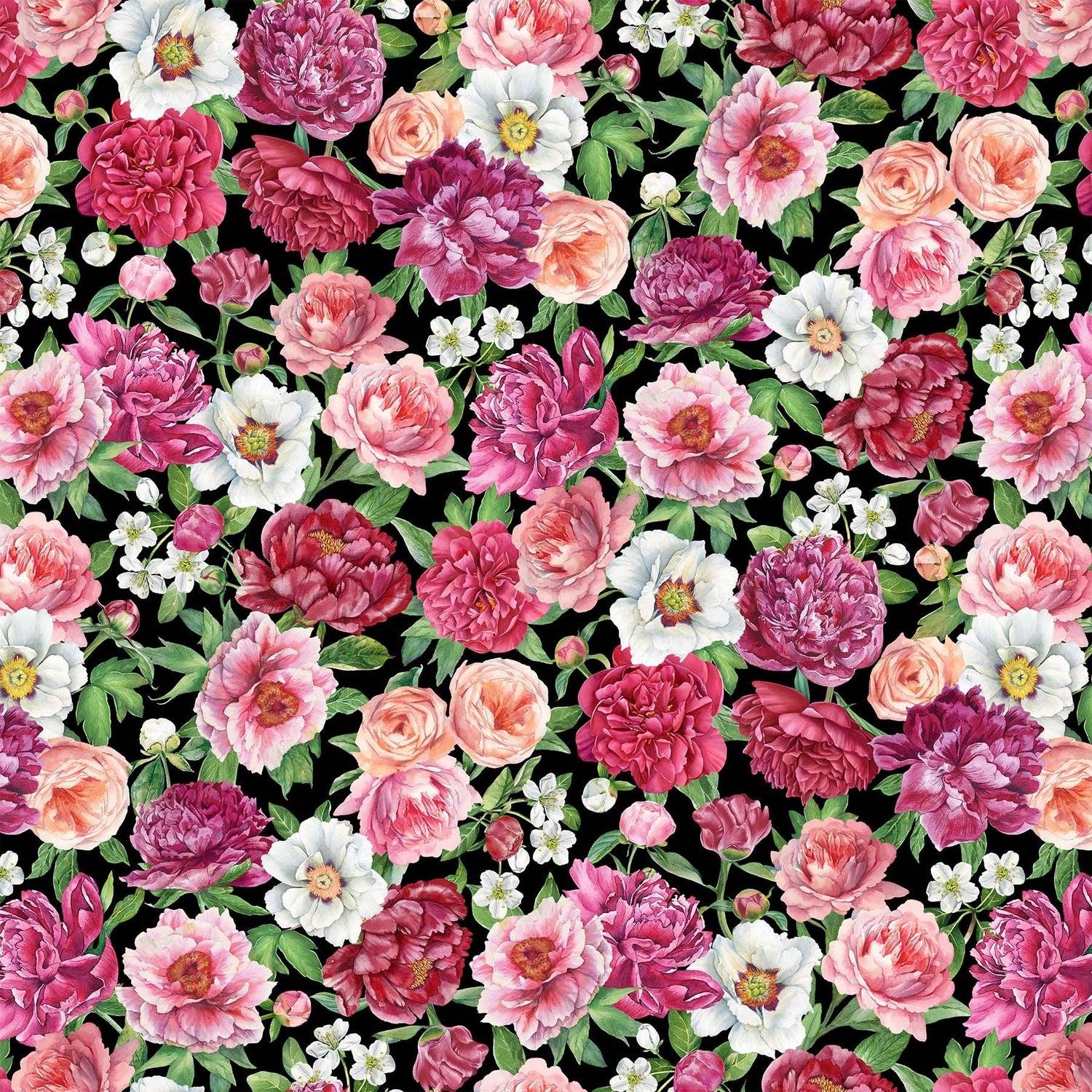 Quilting Cotton Blush Collection Packed Floral on Black Multi Northcott