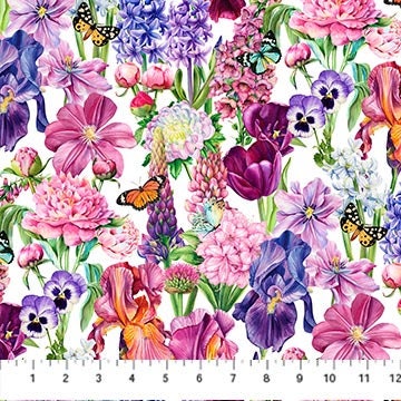 Quilting Cotton Deborah's Garden Large Floral on White Northcott