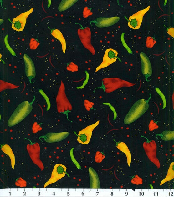 Quilting Cotton Tossed Peppers on Black 100% Cotton