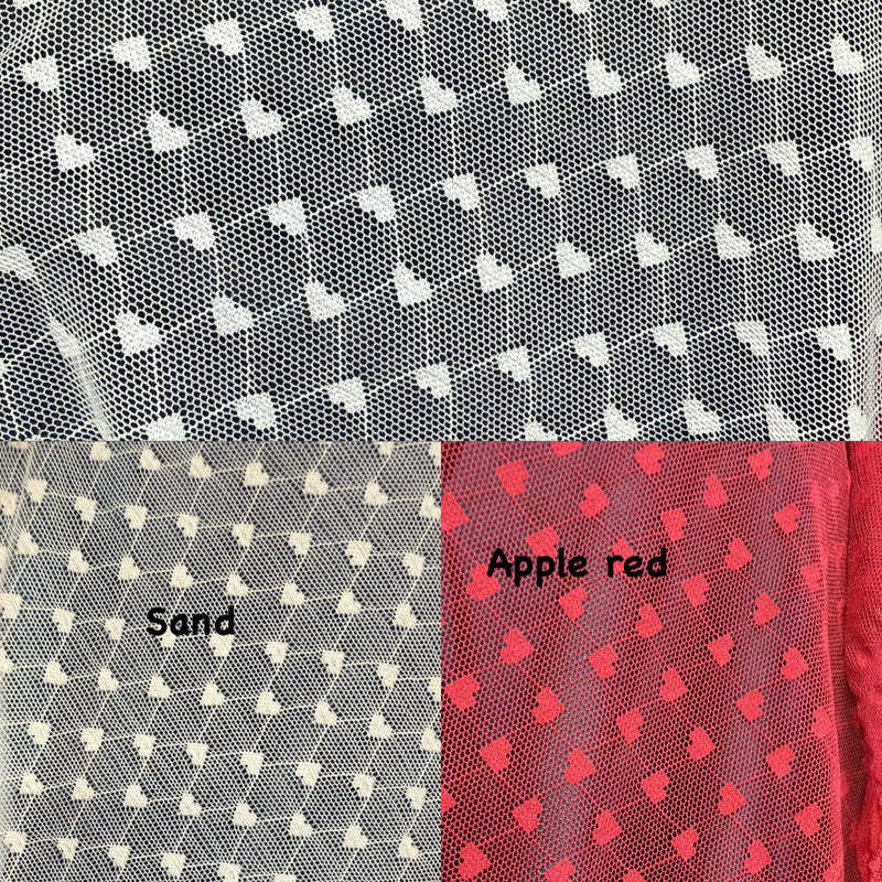 All Over Hearts Nylon Spandex Power Mesh Fabric - Off White, Apple Red, Sand, Hearts Print, 59" Width
