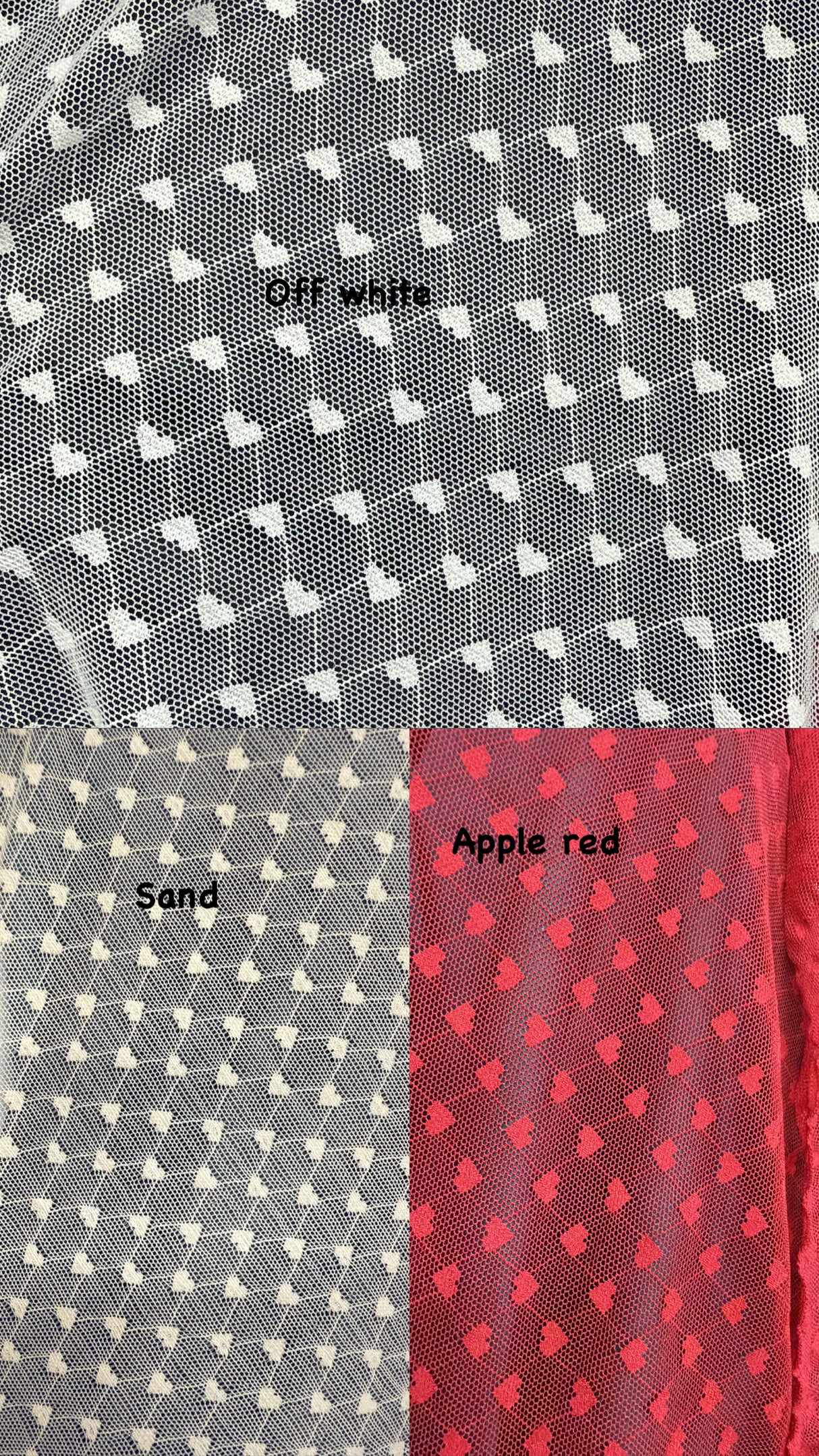 All Over Hearts Nylon Spandex Power Mesh Fabric - Off White, Apple Red, Sand, Hearts Print, 59" Width