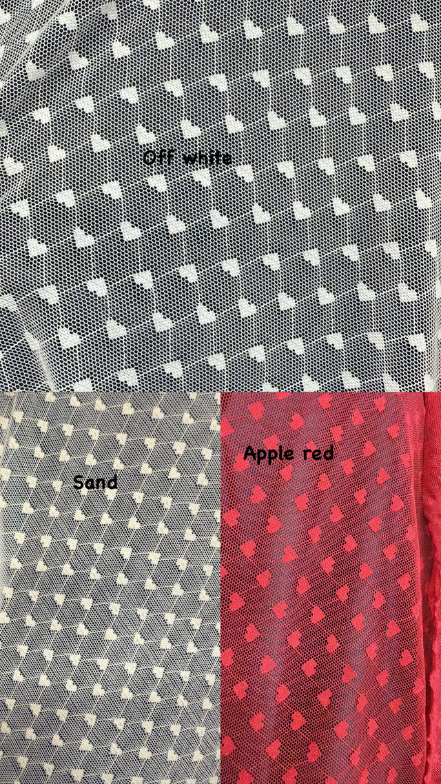 All Over Hearts Nylon Spandex Power Mesh Fabric - Off White, Apple Red, Sand, Hearts Print, 59" Width