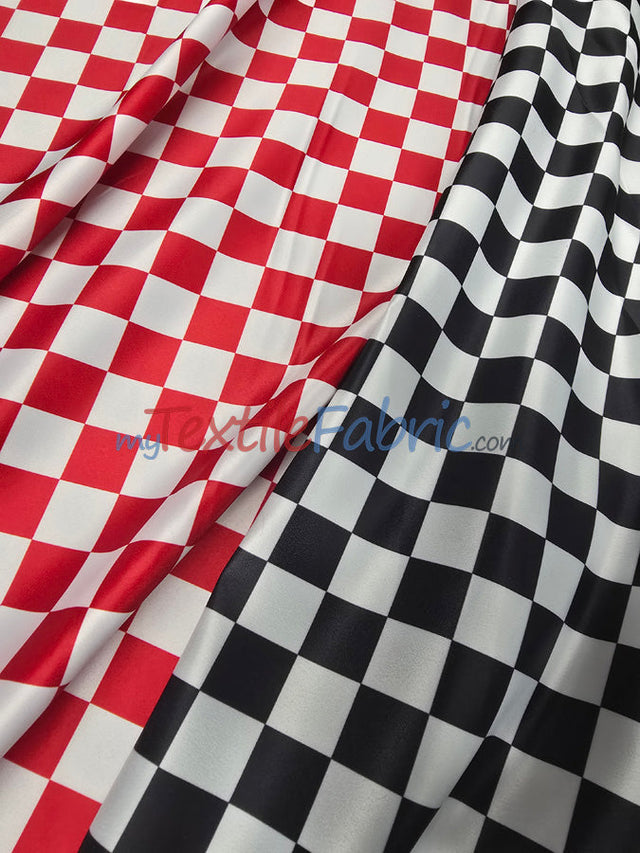Checkered Satin Fabric - Racing Flag Pattern, Black And White Or Red And White, 58/60" Width (1 Yard)