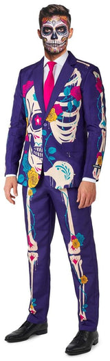 Vibrant Sugar Skull Purple Suit for Halloween and Day of the Dead Costume Parties