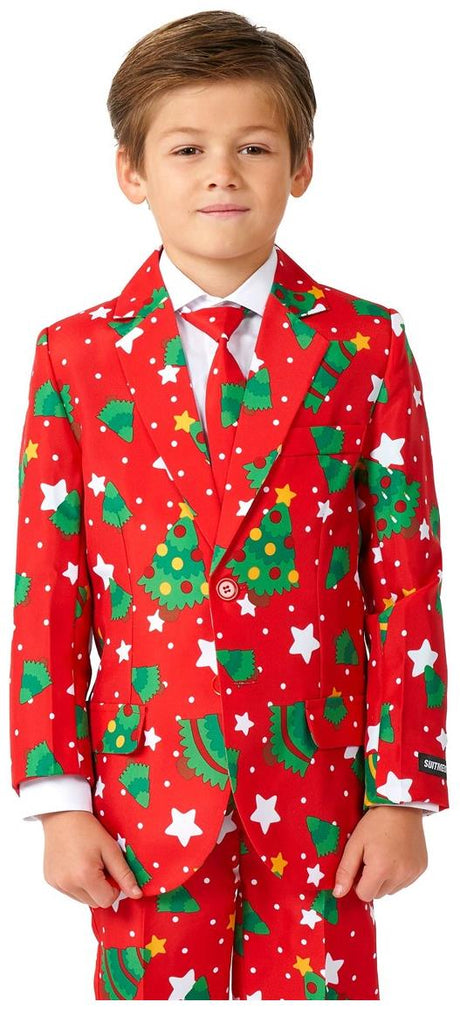 Festive Boys Christmas Suit with Trees and Stars for Holiday Parties and Family Celebrations