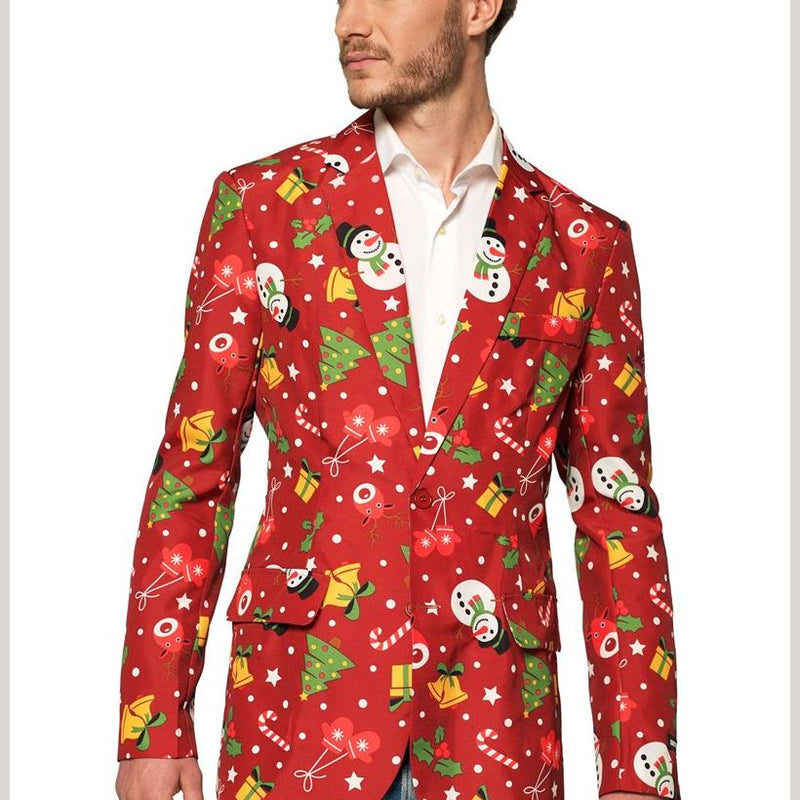 Festive Suitmeister Men's Christmas Red Icons Jacket with Lights for Holiday Parties and Celebrations