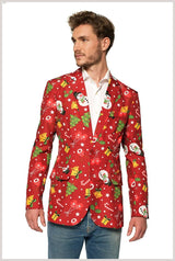 Festive Suitmeister Men's Christmas Red Icons Jacket with Lights for Holiday Parties and Celebrations