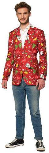 Festive Suitmeister Men's Christmas Red Icons Jacket with Lights for Holiday Parties and Celebrations