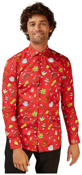 Festive OppoSuits Christmas Doodle Red Shirt for Holiday Parties and Family Celebrations