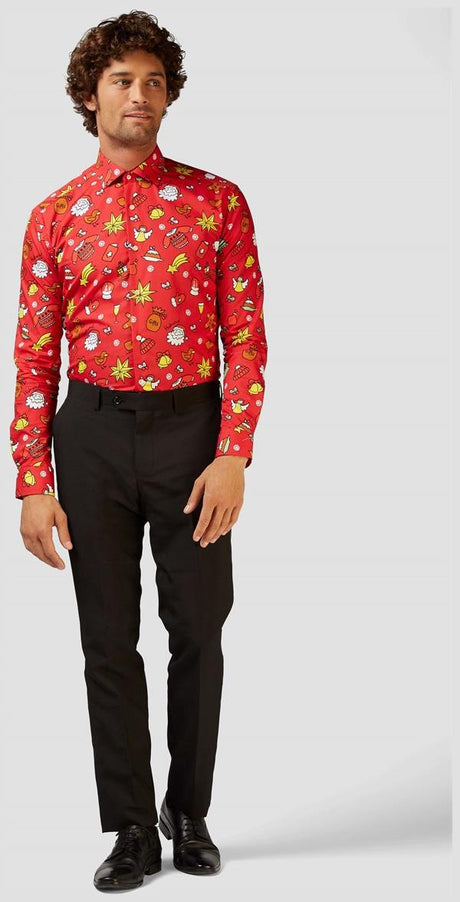 Festive OppoSuits Christmas Doodle Red Shirt for Holiday Parties and Family Celebrations
