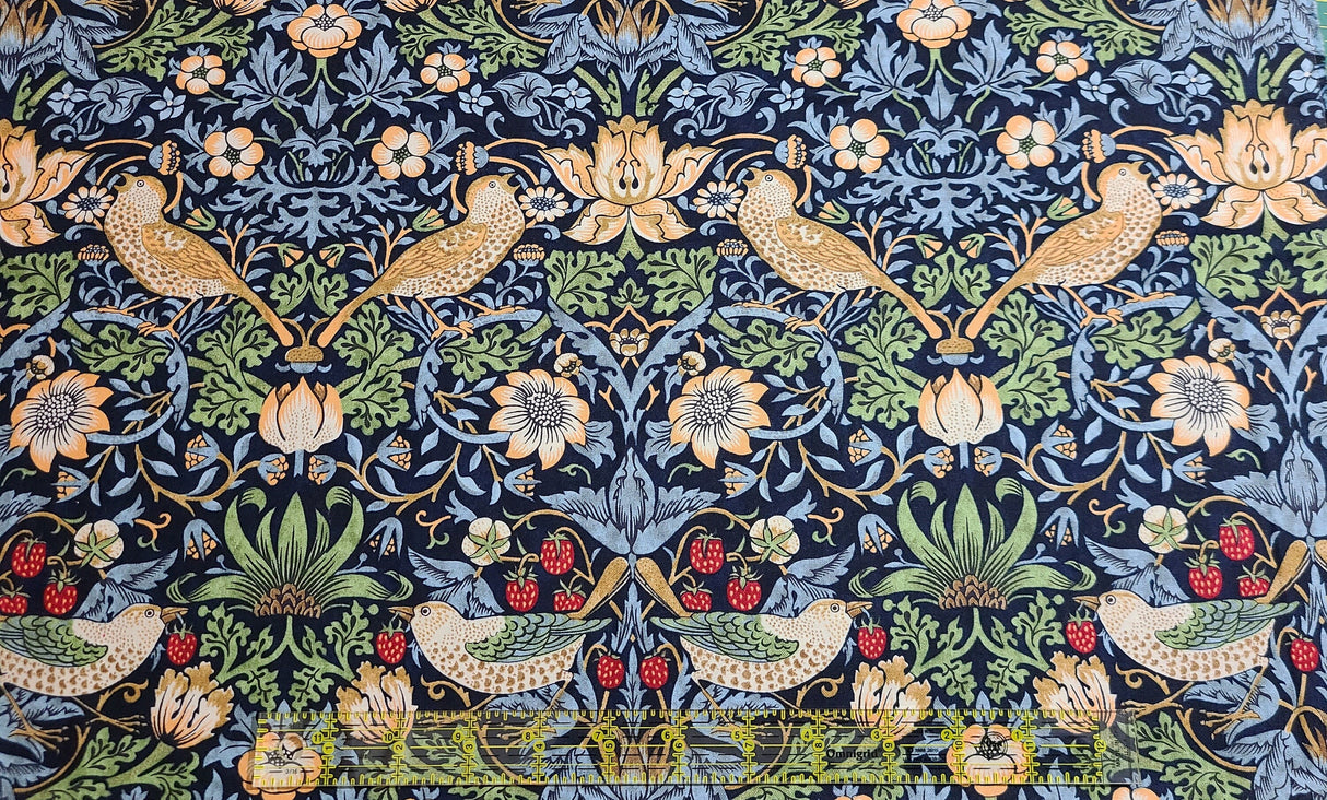 Quilting Cotton Strawberry Thief William Morris Thameside Navy Chocolate