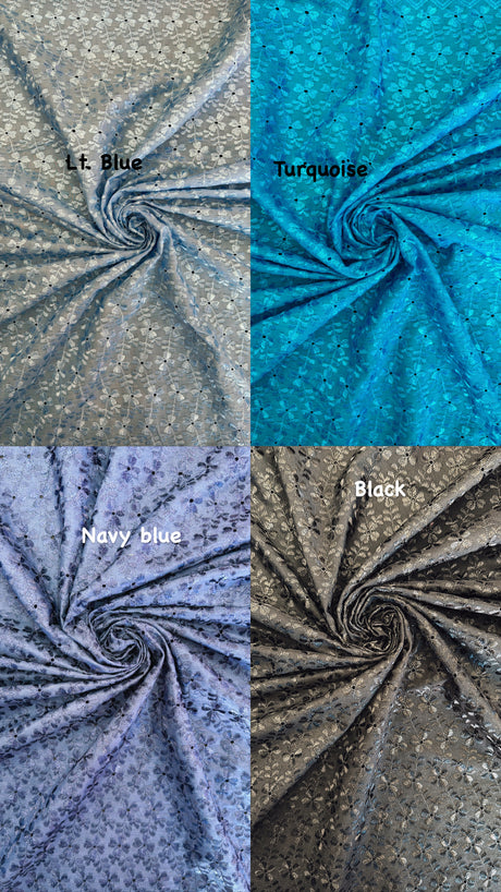 Heavy Eyelet Polyester Cotton Fabric - Navy Blue Floral Embroidery, 41"- 42" Width (1 Yard)