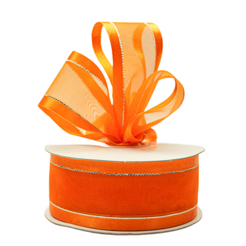 1.5"x25 yards Orange Organza Satin Edge with Silver Trim Gift Ribbon