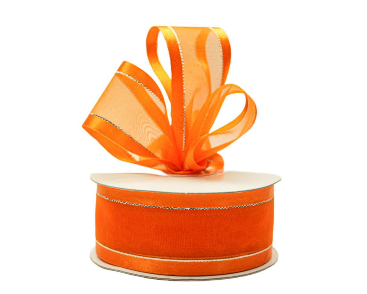 1.5"x25 yards Orange Organza Satin Edge with Silver Trim Gift Ribbon