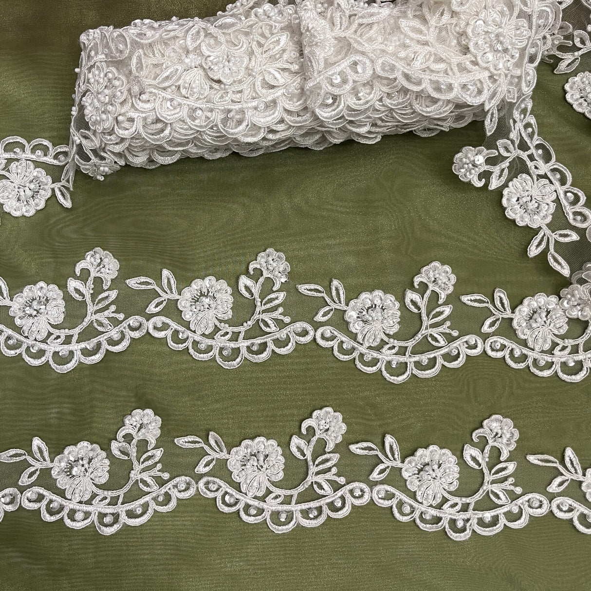 Beaded Corded Lace Trim Ivory