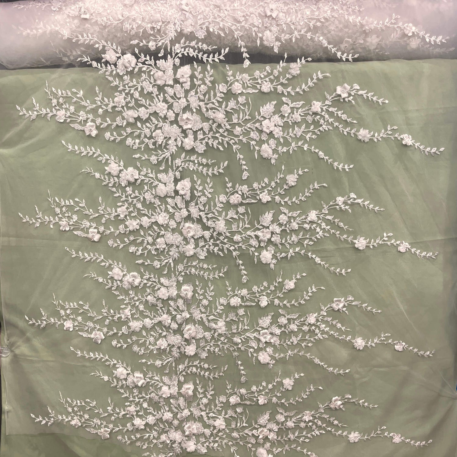 Beaded 3D Floral Lace Fabric Off White