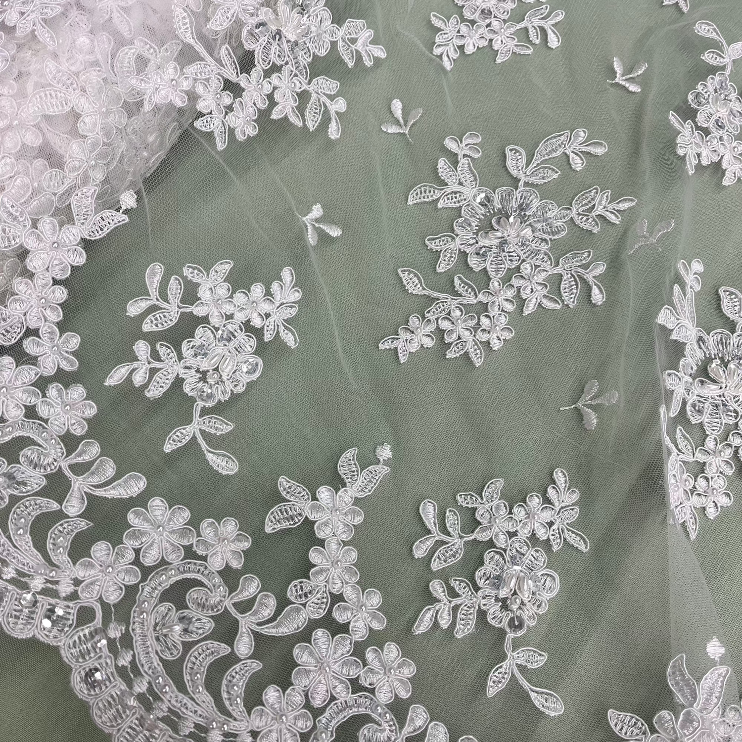 Beaded Corded Floral Lace Fabric 52" Scalloped Edges