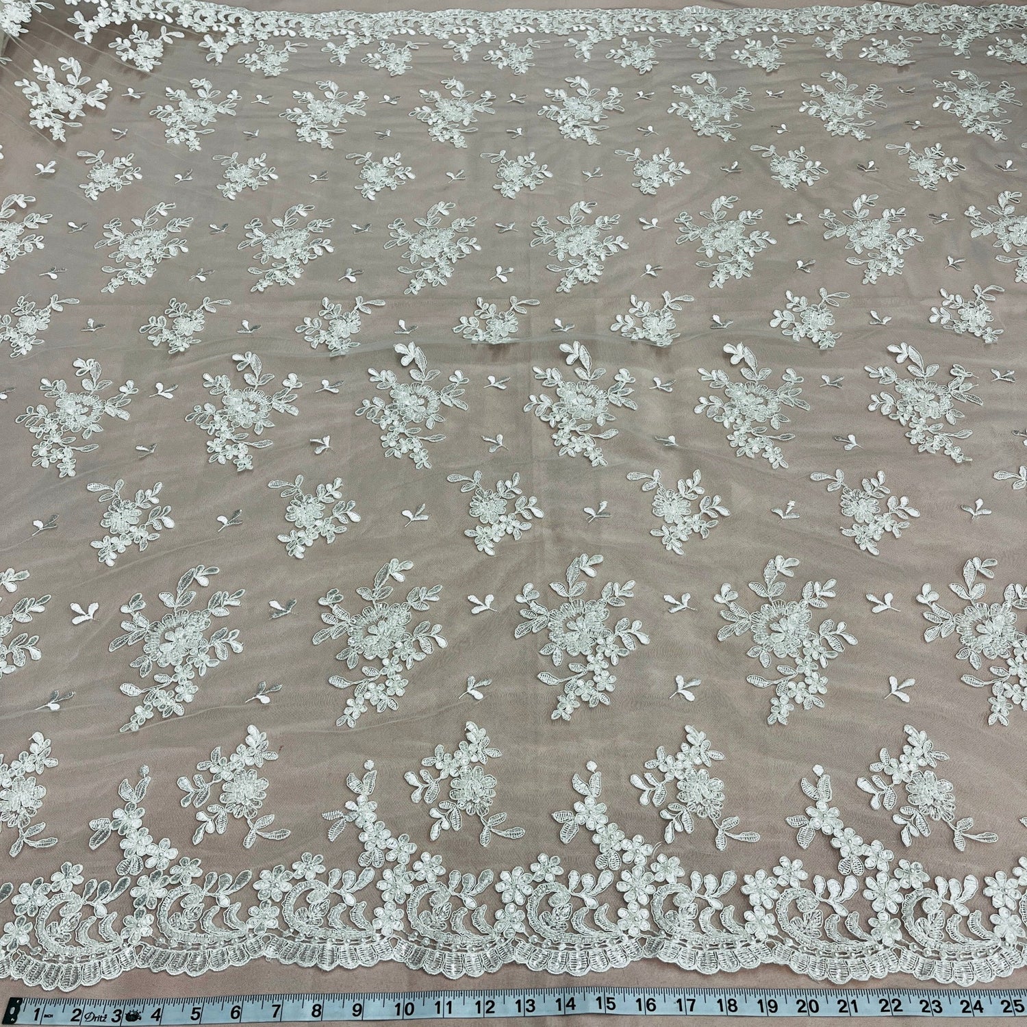 Beaded Corded Floral Lace Fabric 52" Scalloped Edges