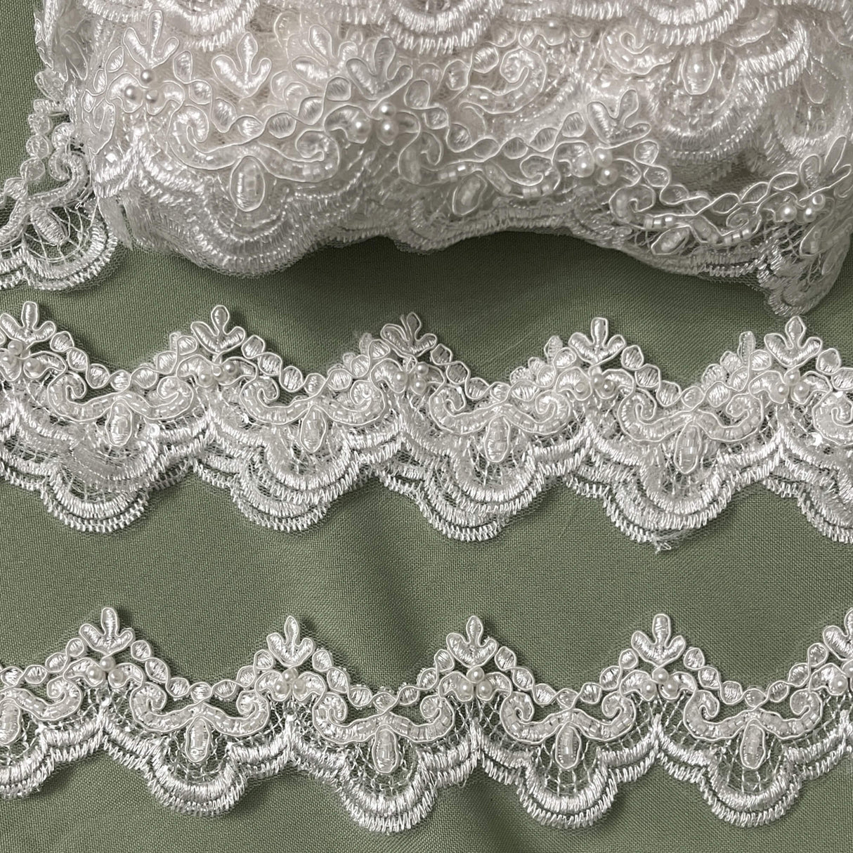 Beaded Corded Lace Trim White