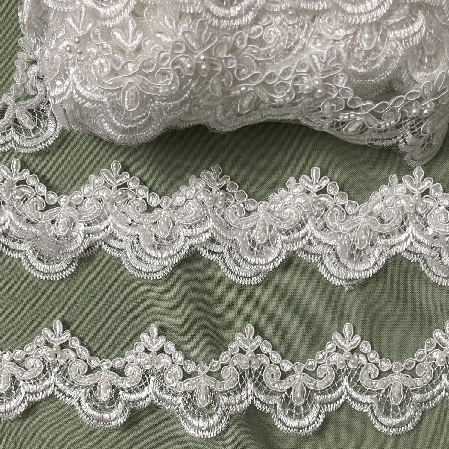 Beaded Corded Lace Trim White