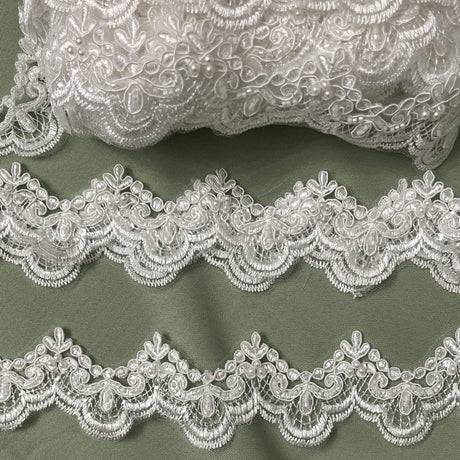 Beaded Corded Lace Trim White
