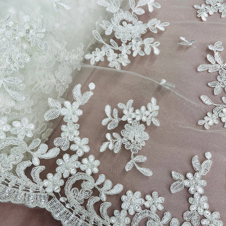 Beaded Corded Floral Lace Fabric 52" Scalloped Edges