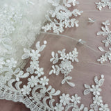 Beaded Corded Lace Fabric - Floral Design, Scalloped Edges, 52" Width (1 Yard)