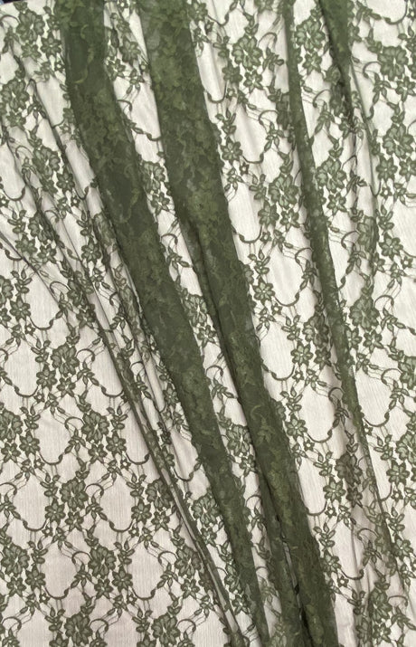 Olive Stretch Lace Fabric - Shimmery Floral Sheer, 58/60" Width (1 Yard)