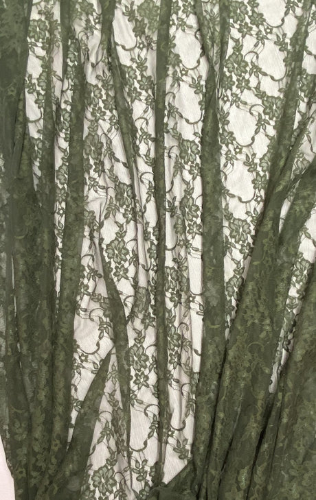 Olive Stretch Lace Fabric - Shimmery Floral Sheer, 58/60" Width (1 Yard)