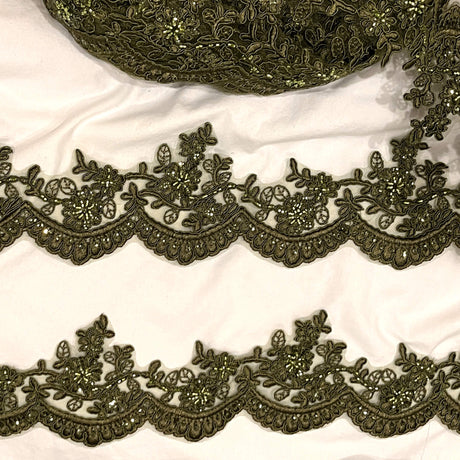 Beaded Corded Floral Lace Trim 4" Wide