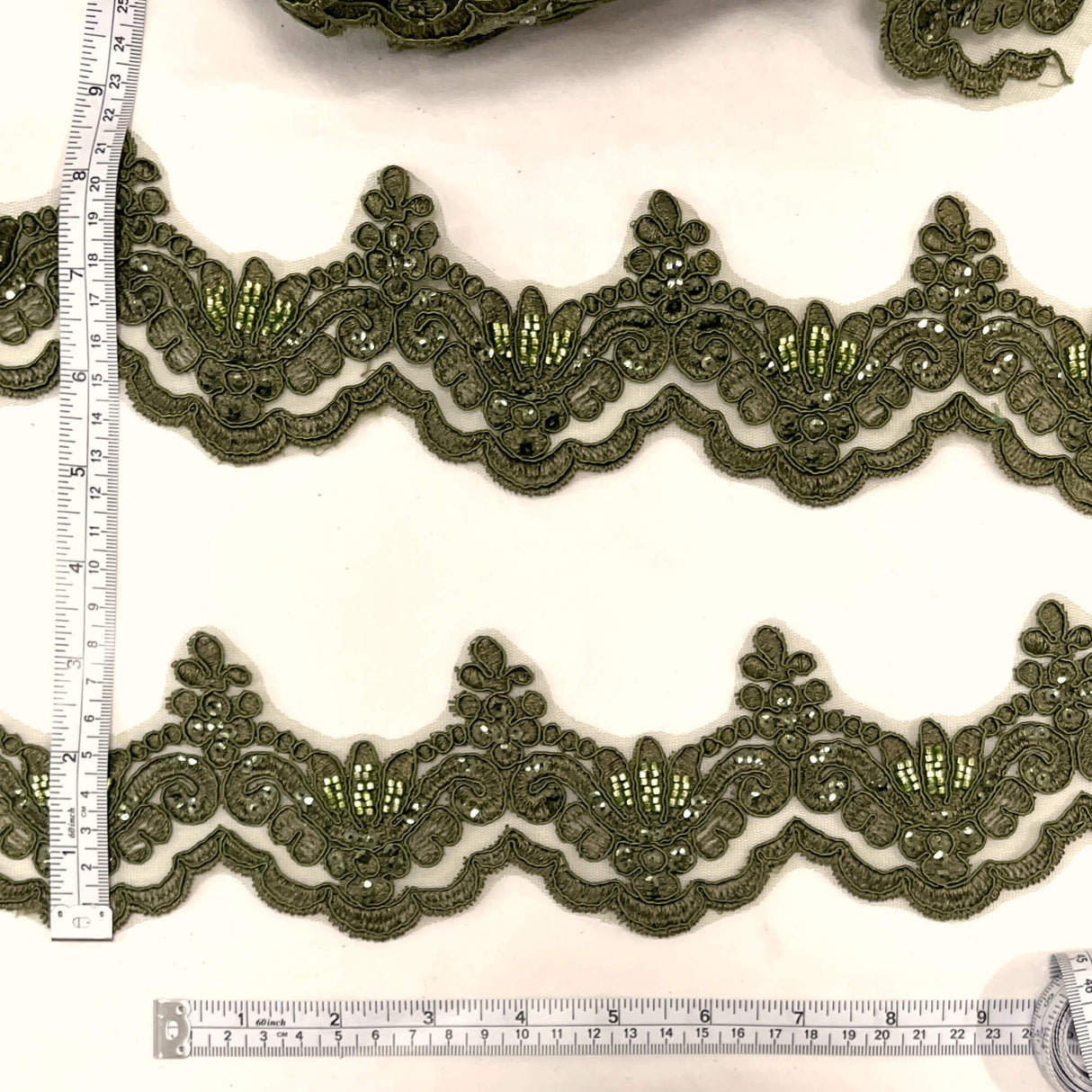 Beaded Corded Lace Trim on Polyester Net Mesh 3" Wide