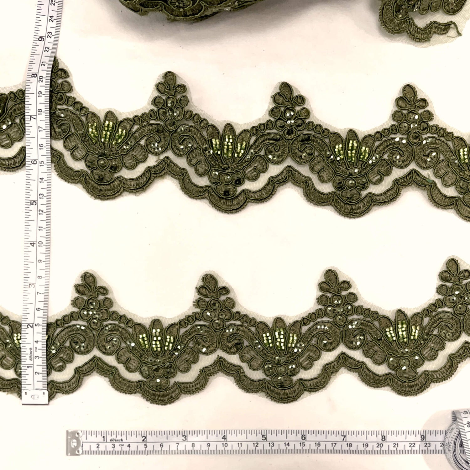 Beaded Corded Lace Trim on Polyester Net Mesh 3" Wide
