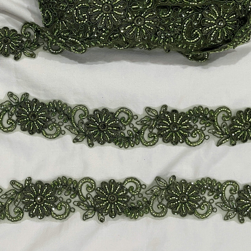 Beaded Corded Lace Trim on Polyester Net Mesh