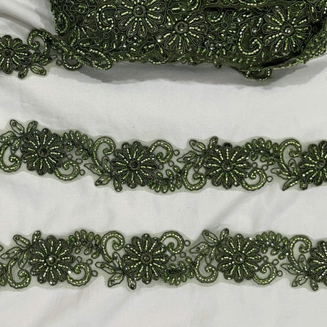 Beaded Corded Lace Trim on Polyester Net Mesh