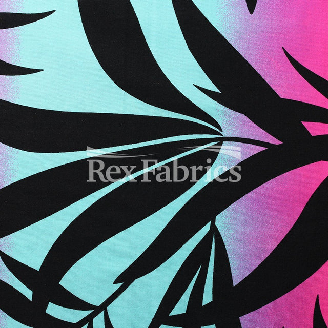 Ombre Paradise Nylon Spandex Fabric - Pink/Blue Ombre Leaf Print, 58/60" Width (1 Yard)