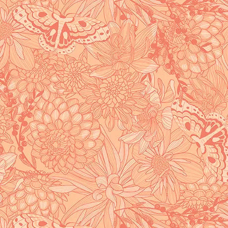 Cotton Floral Butterflies Fabric Light Salmon 44/45"