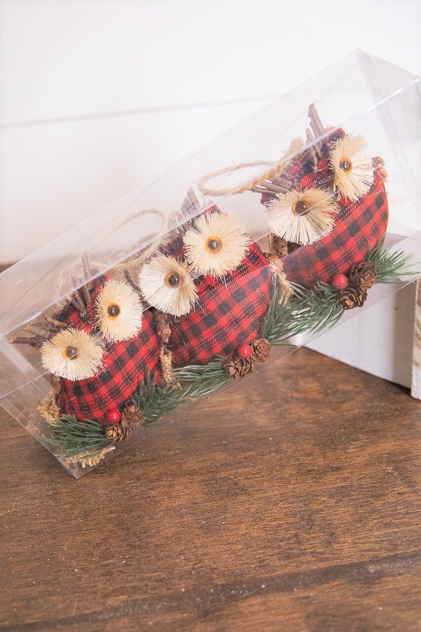 4” Holiday Plaid Owl Ornaments - Set of 3