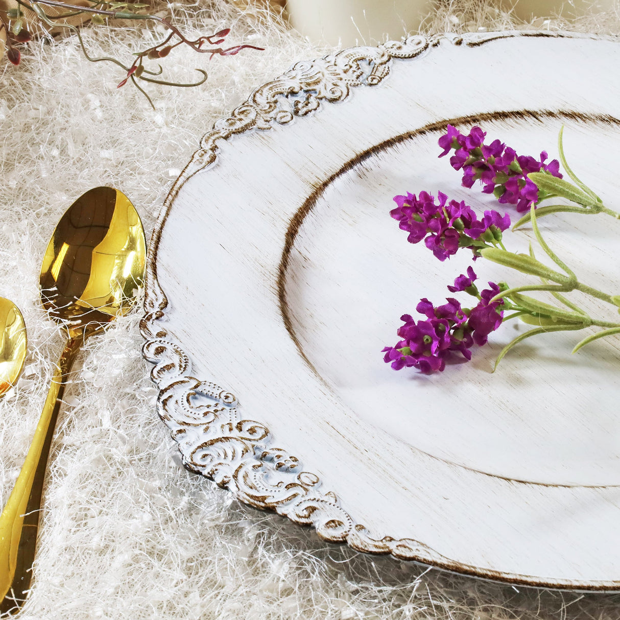 Baroque Acrylic Charger Plate 13" White Washed Gold Embossed
