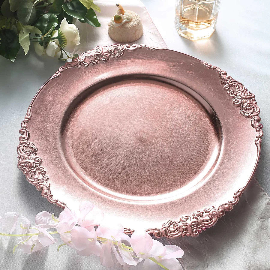 Acrylic Charger Plate 13" Rose Pink Embossed Baroque