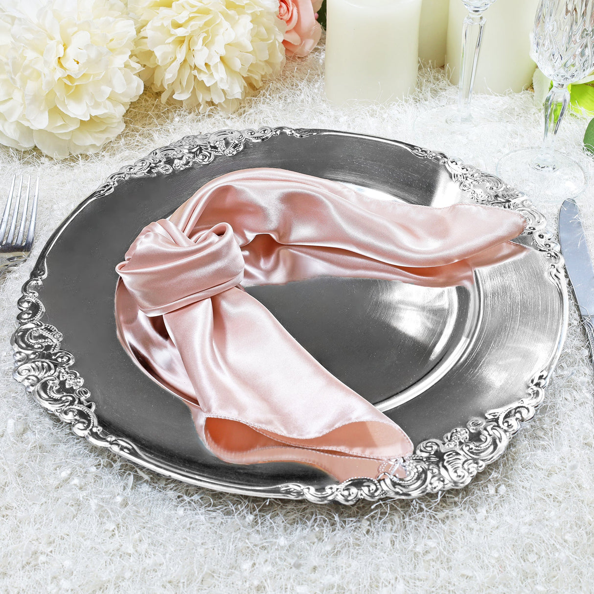 Silver Embossed Baroque Acrylic Charger Plates 13in