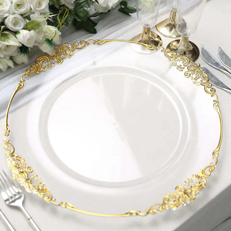 Acrylic Charger Plate 13" Clear Gold Embossed Baroque