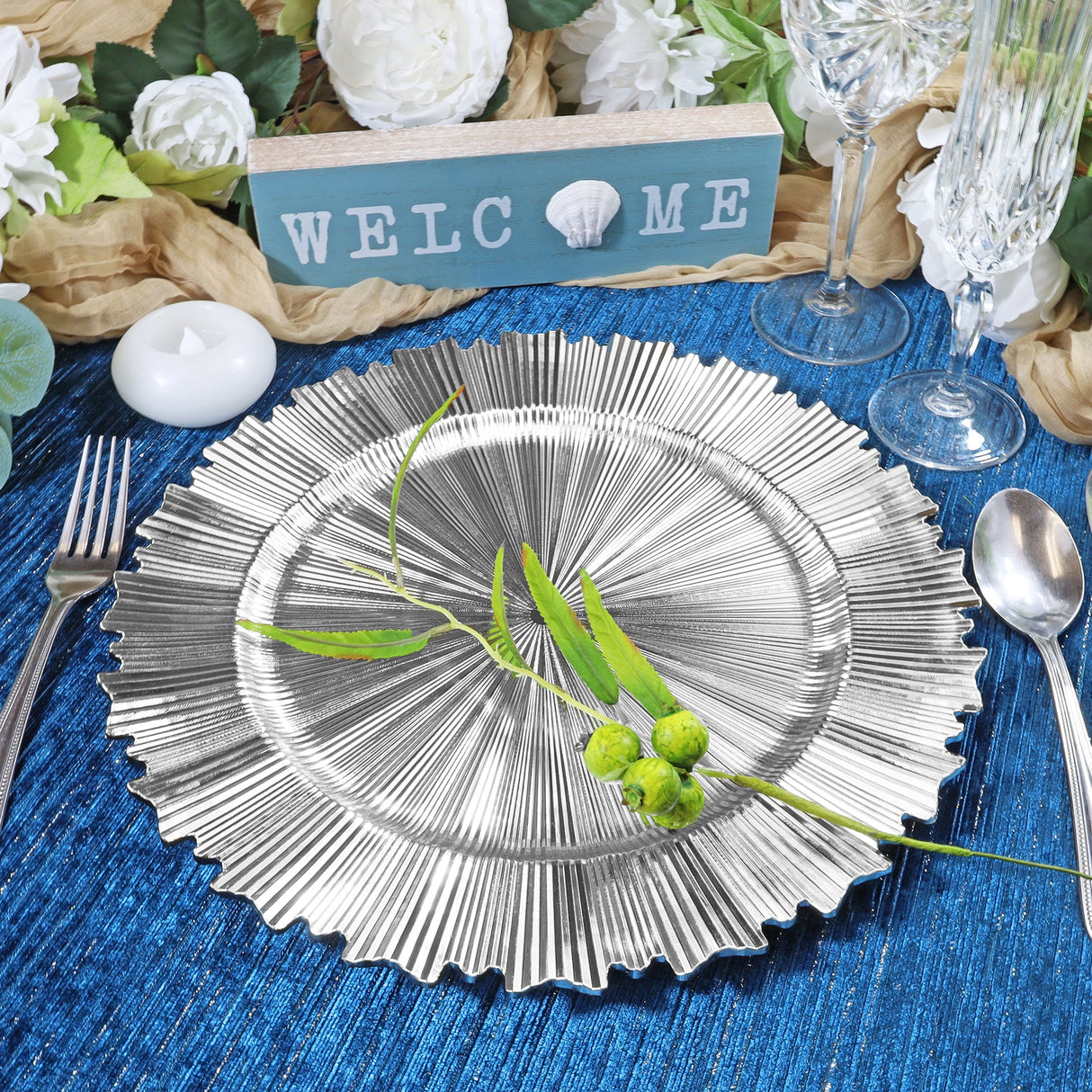 Silver Metallic Sunray Acrylic Charger Plate 13 Inch