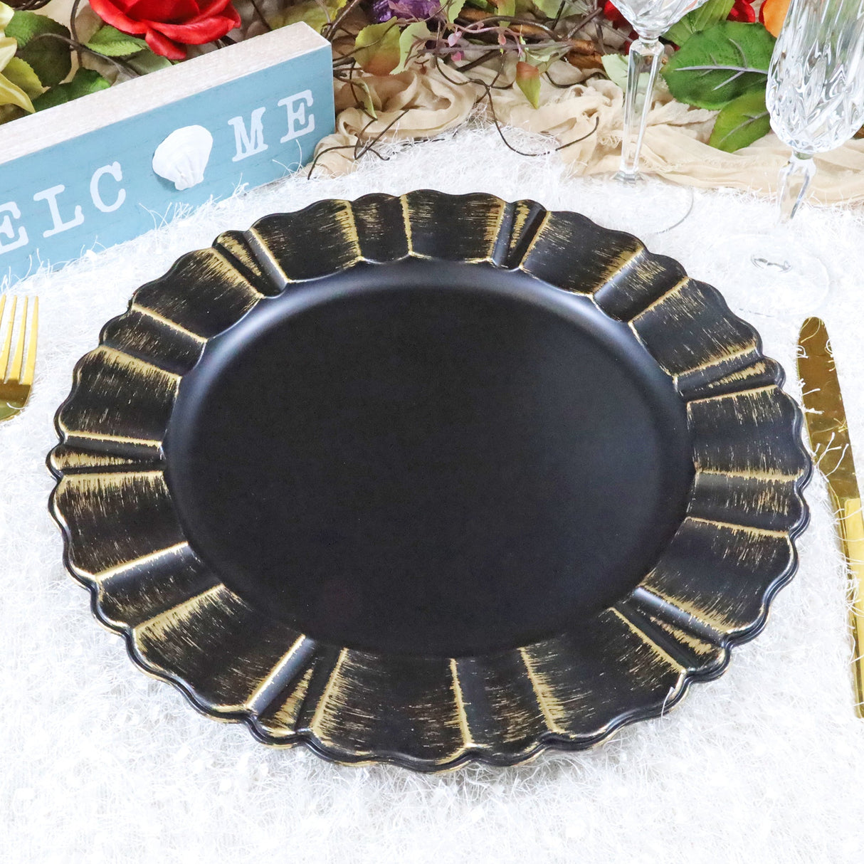 Acrylic Charger Plate 13" Black Scallop Rimmed