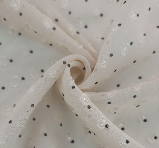Poly Clip Dot Chiffon 1D1330 Polyester Fabric - Beige/Charcoal Clip Dot, 57/58" Width