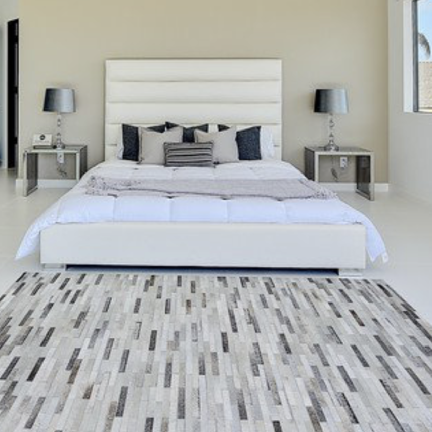 Natural Leather Patchwork Modern Brick Cowhide Area Rug/ Carpet - 100% Real Cowhide Fabric, Brick Patchwork, Beige, Gray, White, 5' X 7', 8' X 10' (1 Rug)