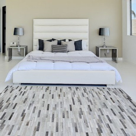 Natural Leather Patchwork Modern Brick Cowhide Area Rug/ Carpet - 100% Real Cowhide Fabric, Brick Patchwork, Beige, Gray, White, 5' X 7', 8' X 10' (1 Rug)