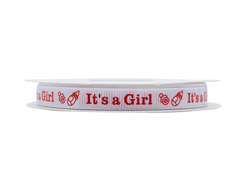3/8"x 25 yards Red It's a Girl Baby Shower Printed Grosgrain Gift Ribbon