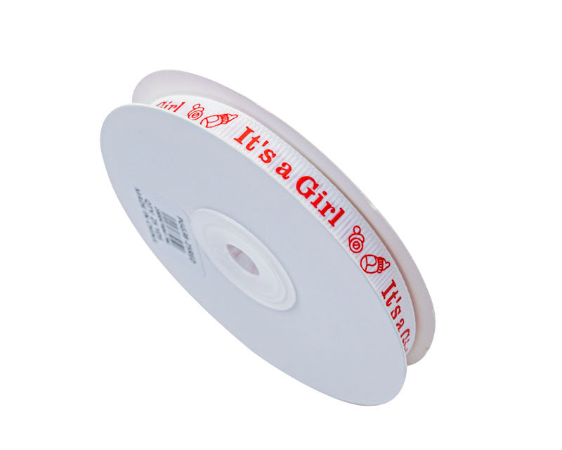 3/8"x 25 yards Red It's a Girl Baby Shower Printed Grosgrain Gift Ribbon - Pack of 15 Rolls